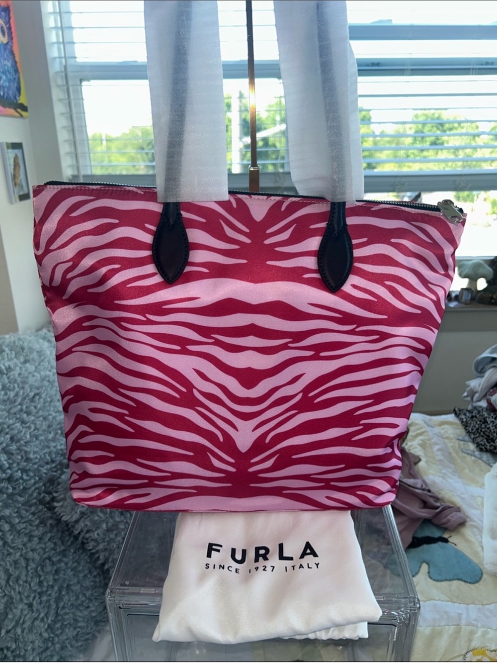 Furla NWT Pink and Light Pink Zebra Print Calipso Tote with Dust Bag - Picture 5 of 10